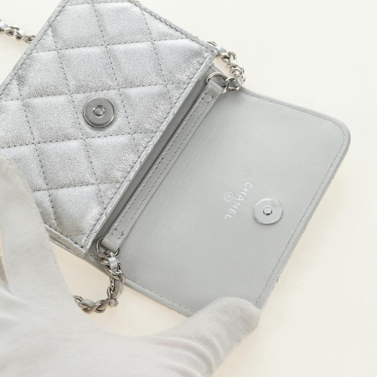 CHANEL Matelasse Chain Shoulder Bag Lamb Skin Silver CC Auth 190674SAM