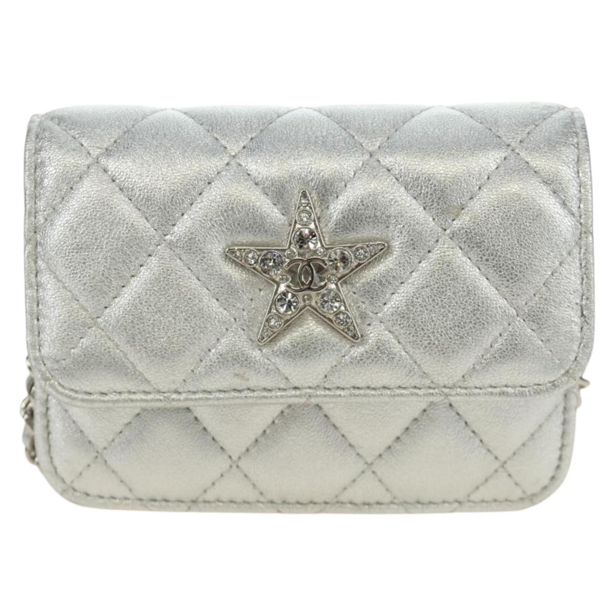 CHANEL Matelasse Chain Shoulder Bag Lamb Skin Silver CC Auth 190674SAM