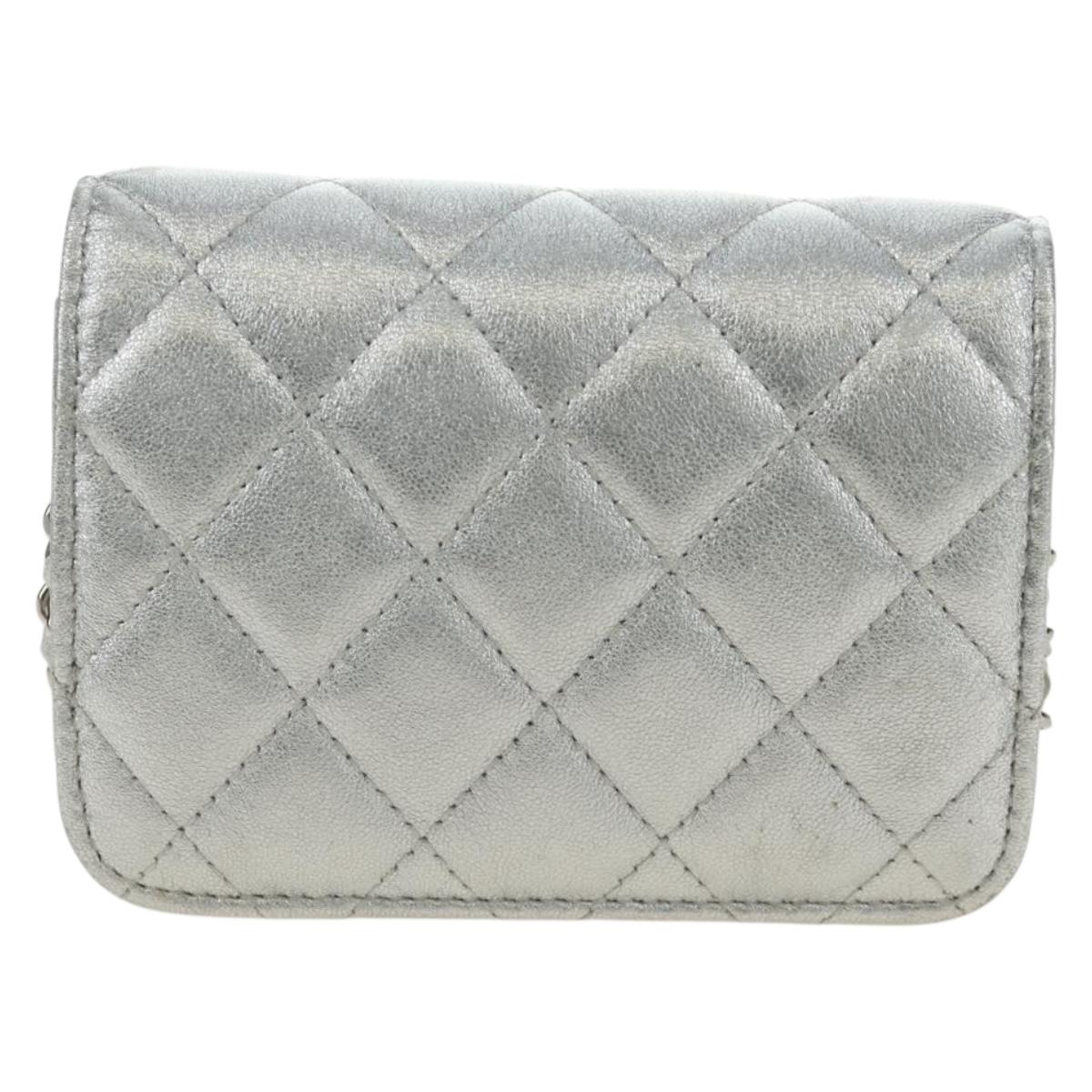 CHANEL Matelasse Chain Shoulder Bag Lamb Skin Silver CC Auth 190674SAM