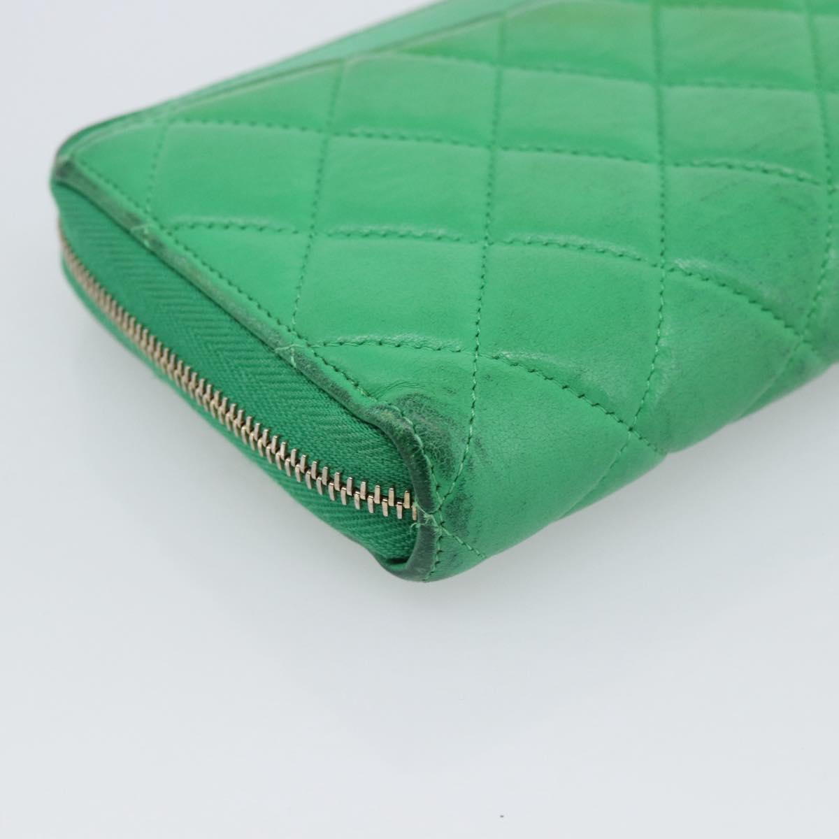 CHANEL Matelasse Long Wallet Lamb Skin Green Gold CC Auth 190675