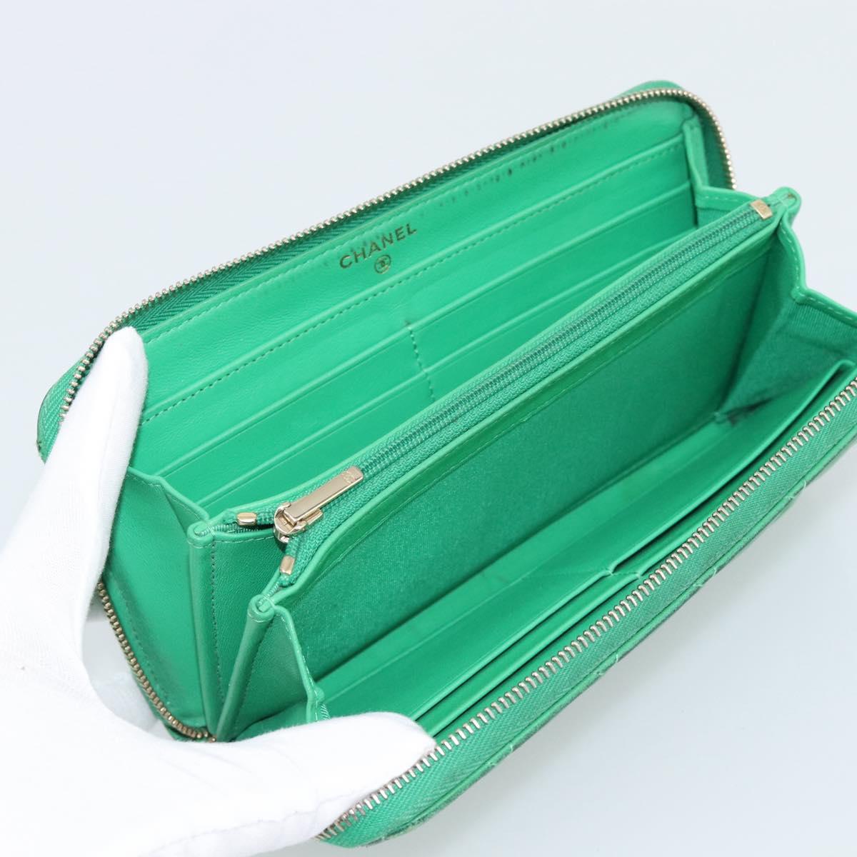 CHANEL Matelasse Long Wallet Lamb Skin Green Gold CC Auth 190675