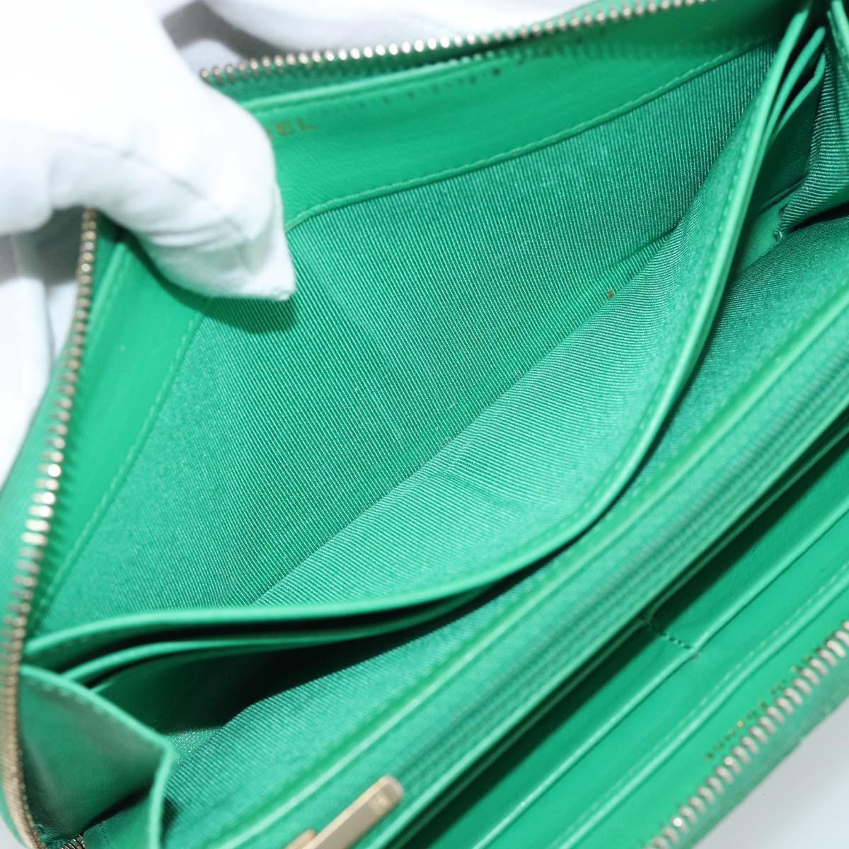 CHANEL Matelasse Long Wallet Lamb Skin Green Gold CC Auth 190675