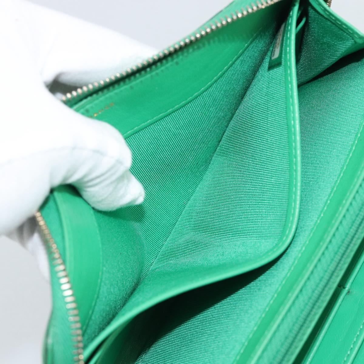 CHANEL Matelasse Long Wallet Lamb Skin Green Gold CC Auth 190675