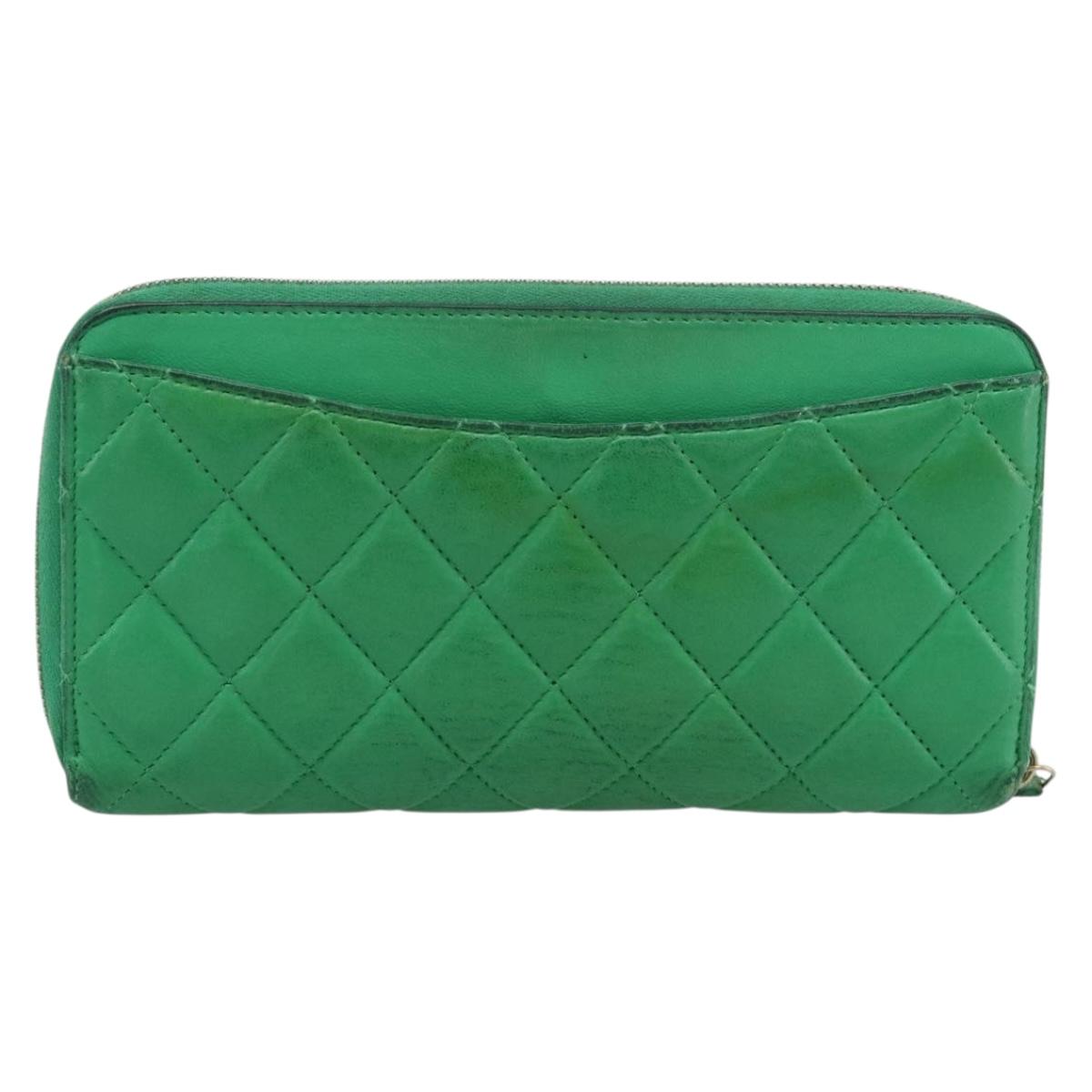 CHANEL Matelasse Long Wallet Lamb Skin Green Gold CC Auth 190675
