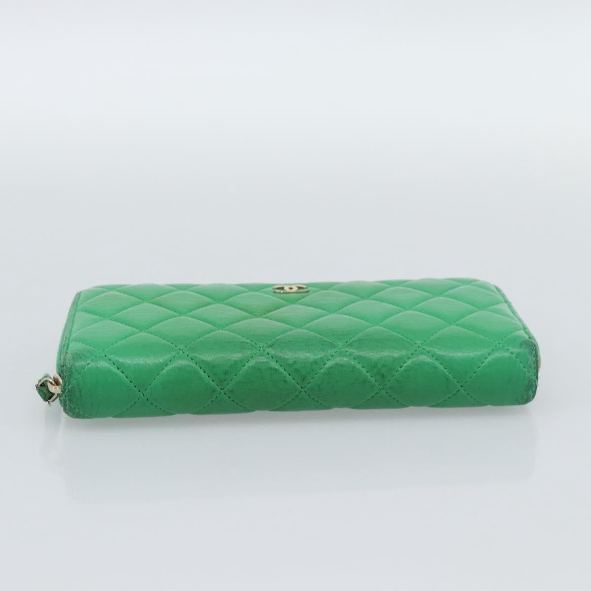 CHANEL Matelasse Long Wallet Lamb Skin Green Gold CC Auth 190675