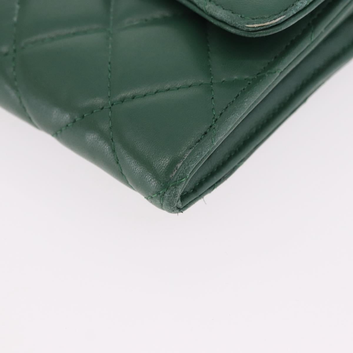 CHANEL Matelasse Long Wallet Lamb Skin Green Silver CC Auth 190682M