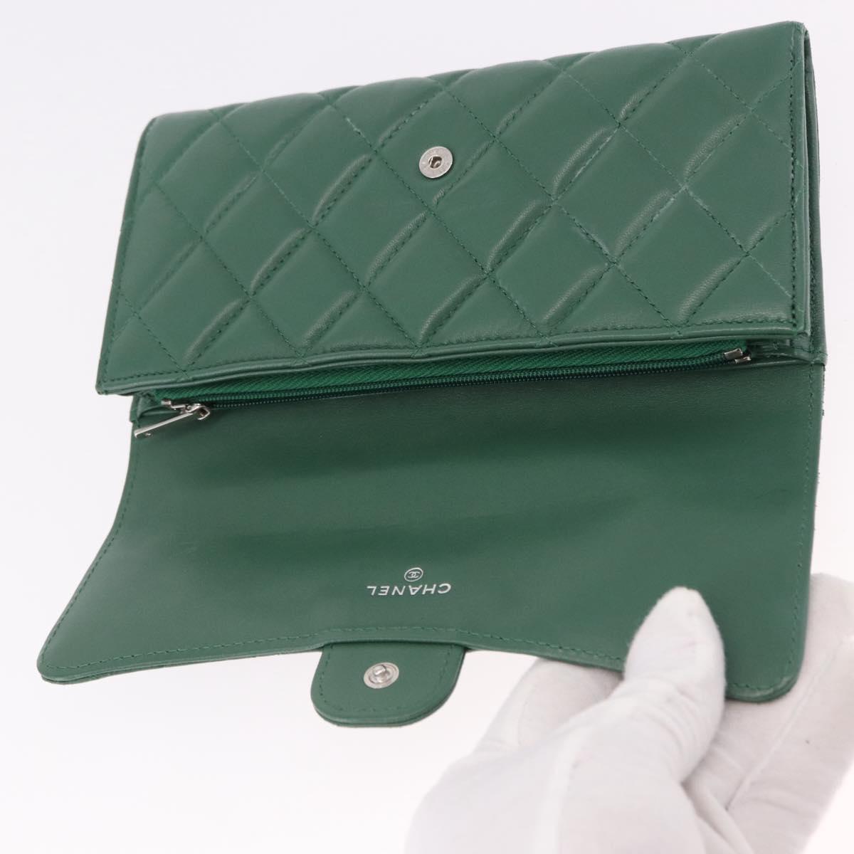 CHANEL Matelasse Long Wallet Lamb Skin Green Silver CC Auth 190682M