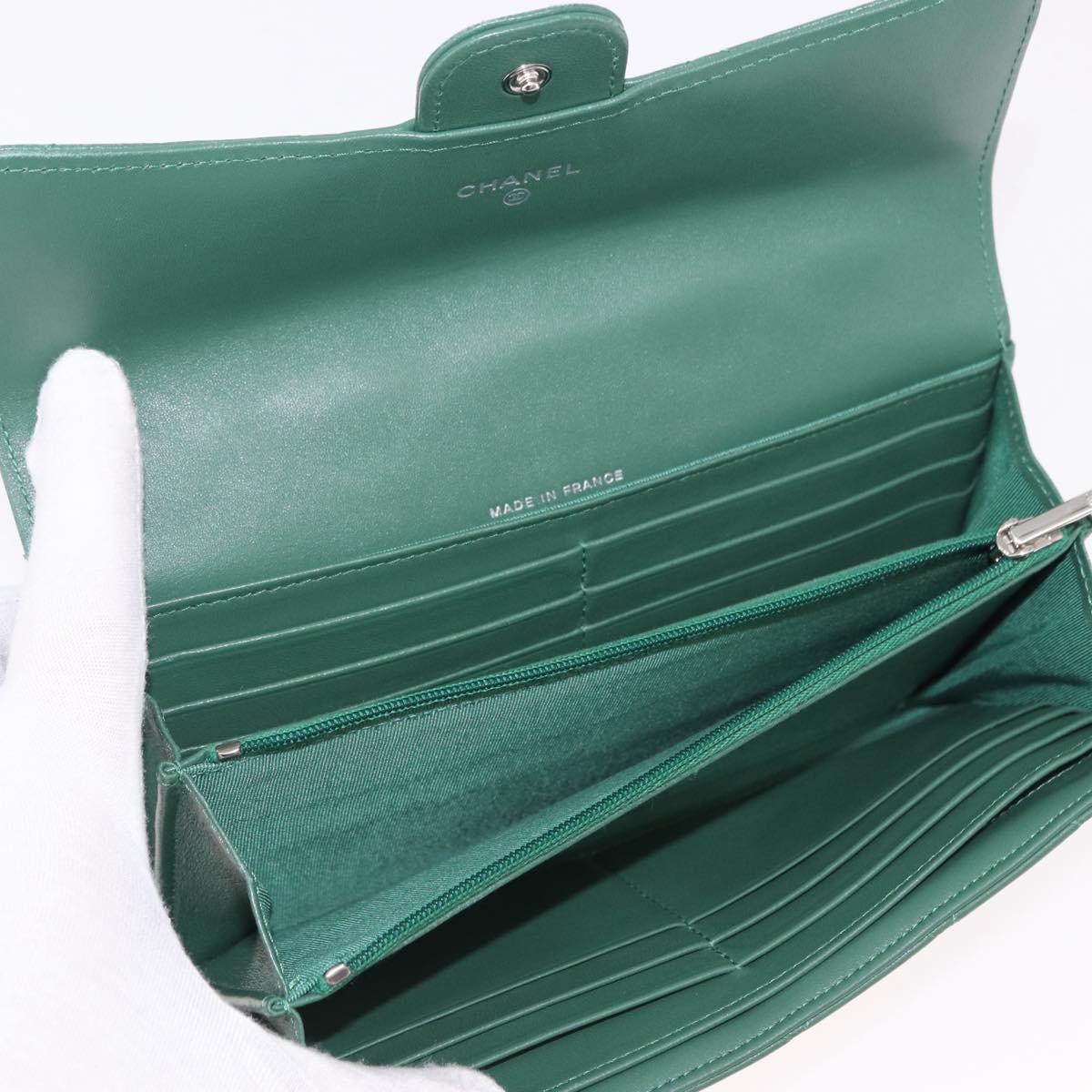 CHANEL Matelasse Long Wallet Lamb Skin Green Silver CC Auth 190682M