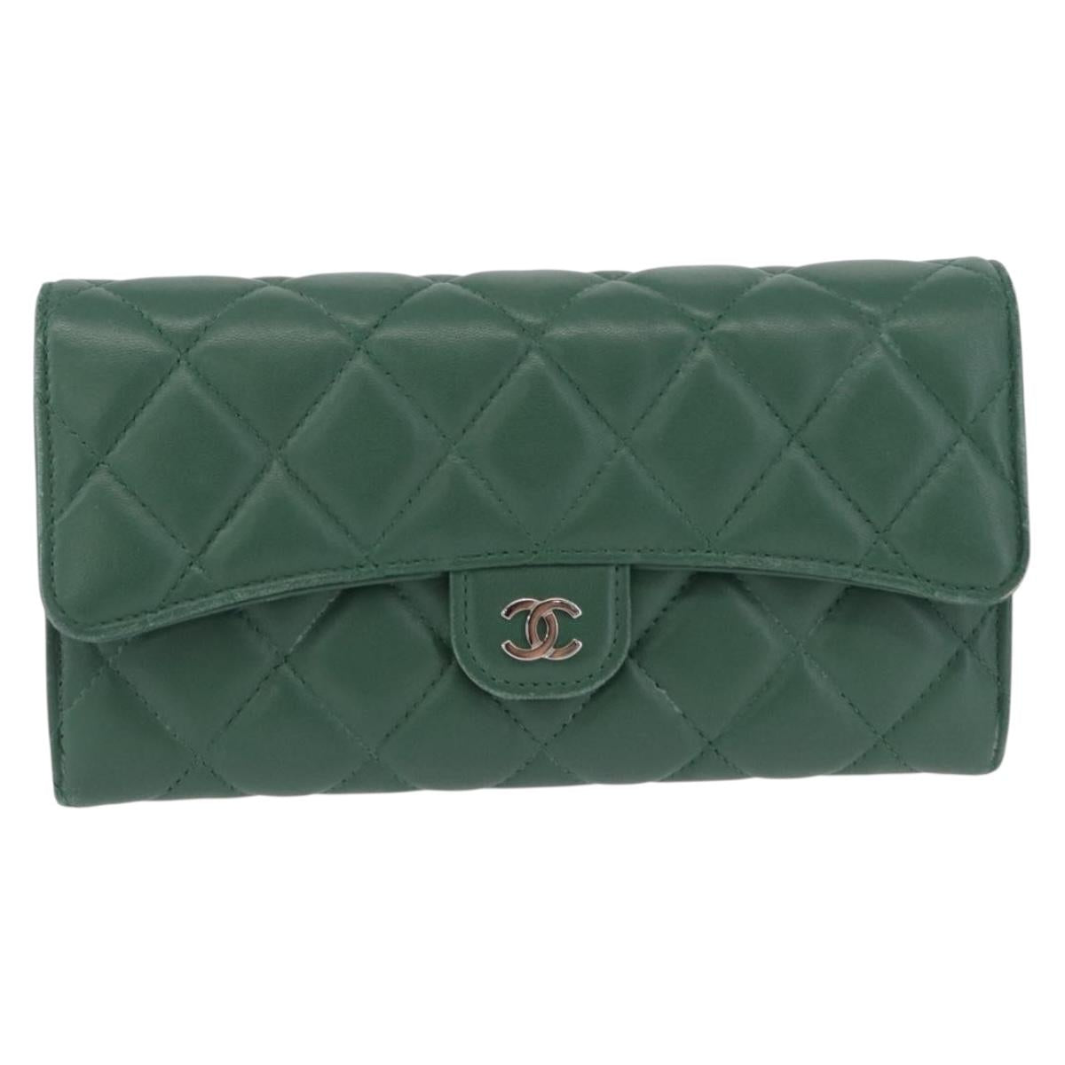 CHANEL Matelasse Long Wallet Lamb Skin Green Silver CC Auth 190682M
