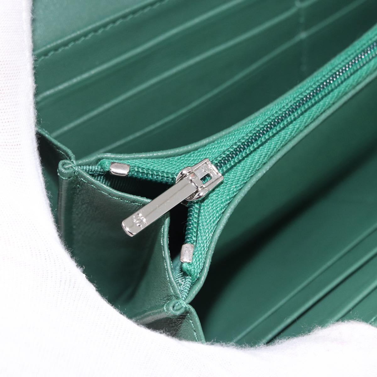 CHANEL Matelasse Long Wallet Lamb Skin Green Silver CC Auth 190682M
