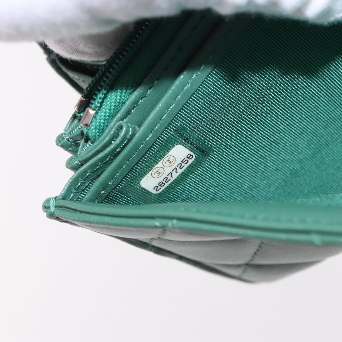 CHANEL Matelasse Long Wallet Lamb Skin Green Silver CC Auth 190682M