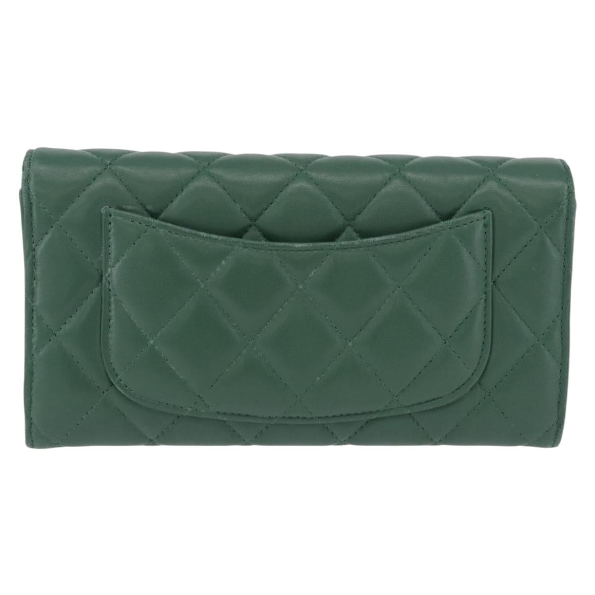CHANEL Matelasse Long Wallet Lamb Skin Green Silver CC Auth 190682M