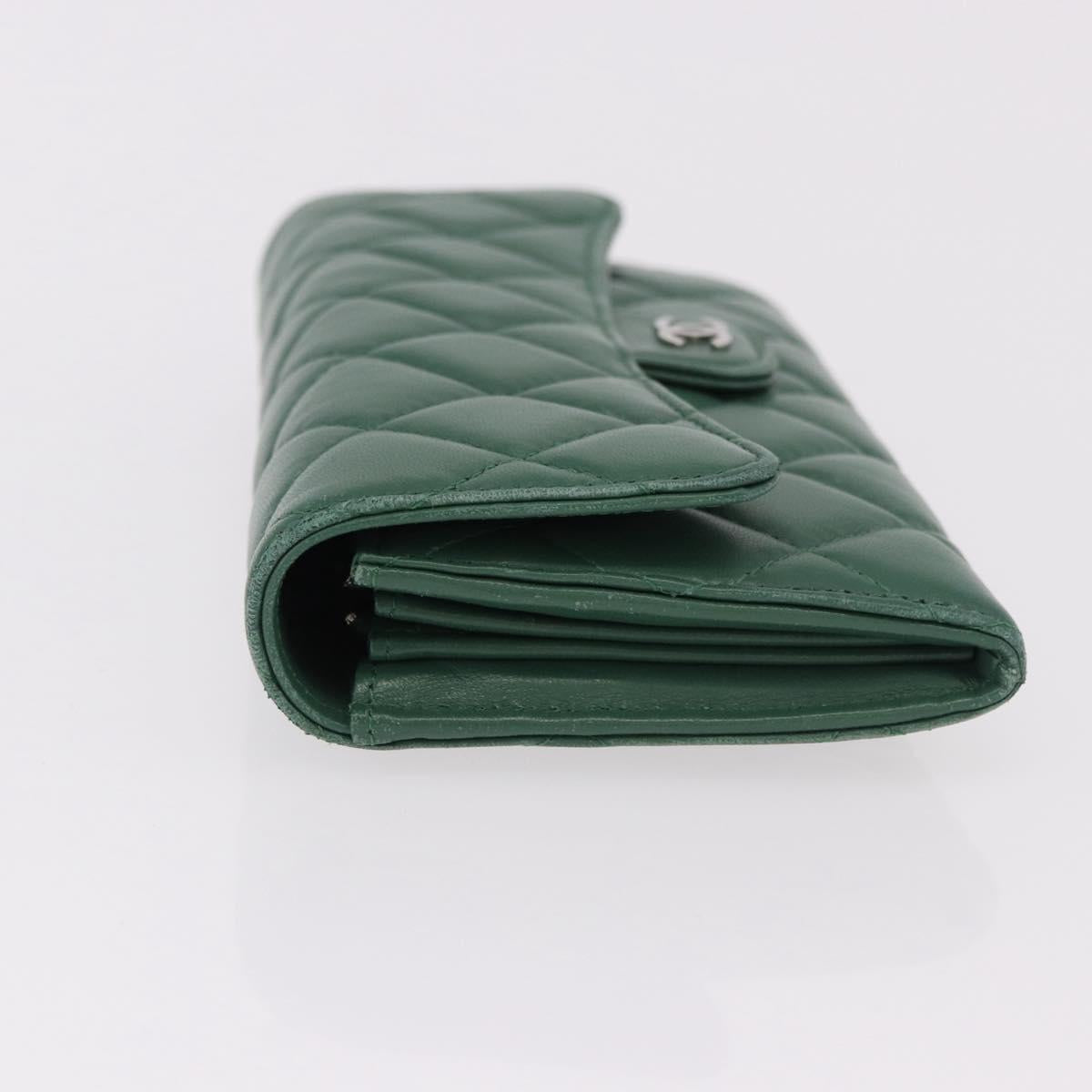 CHANEL Matelasse Long Wallet Lamb Skin Green Silver CC Auth 190682M
