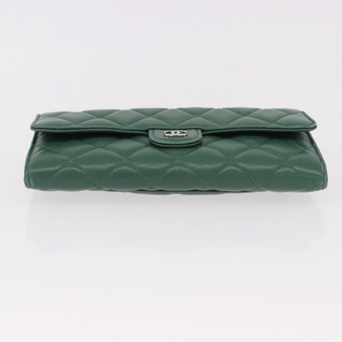 CHANEL Matelasse Long Wallet Lamb Skin Green Silver CC Auth 190682M