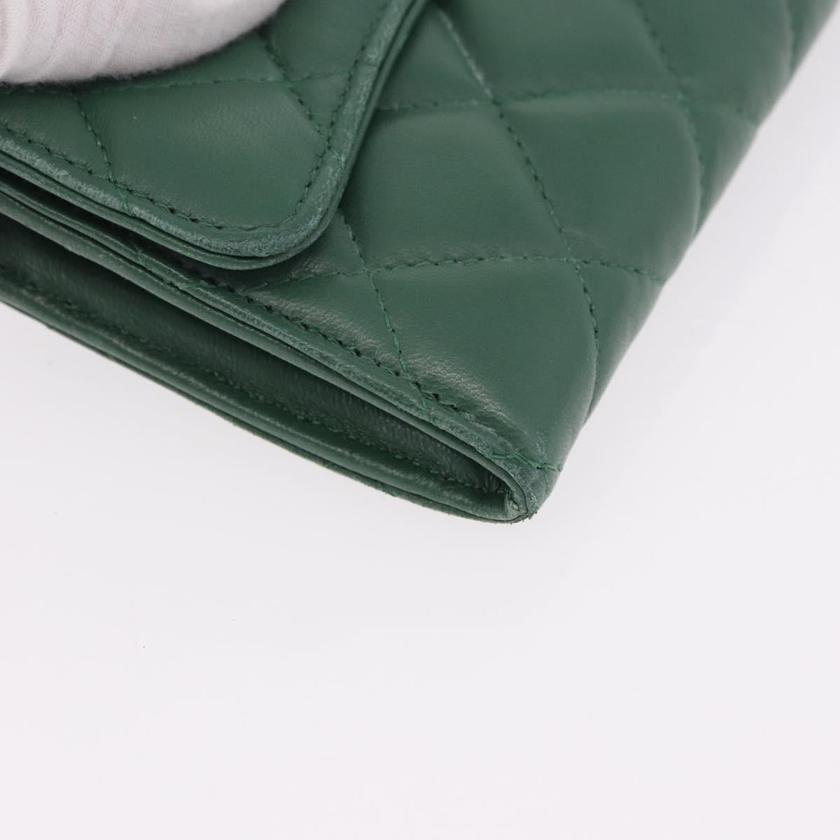CHANEL Matelasse Long Wallet Lamb Skin Green Silver CC Auth 190682M