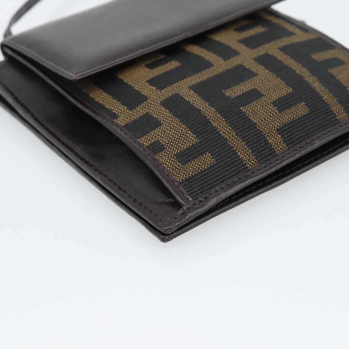 FENDI Zucca Canvas Shoulder Wallet Brown Black Auth 190683A