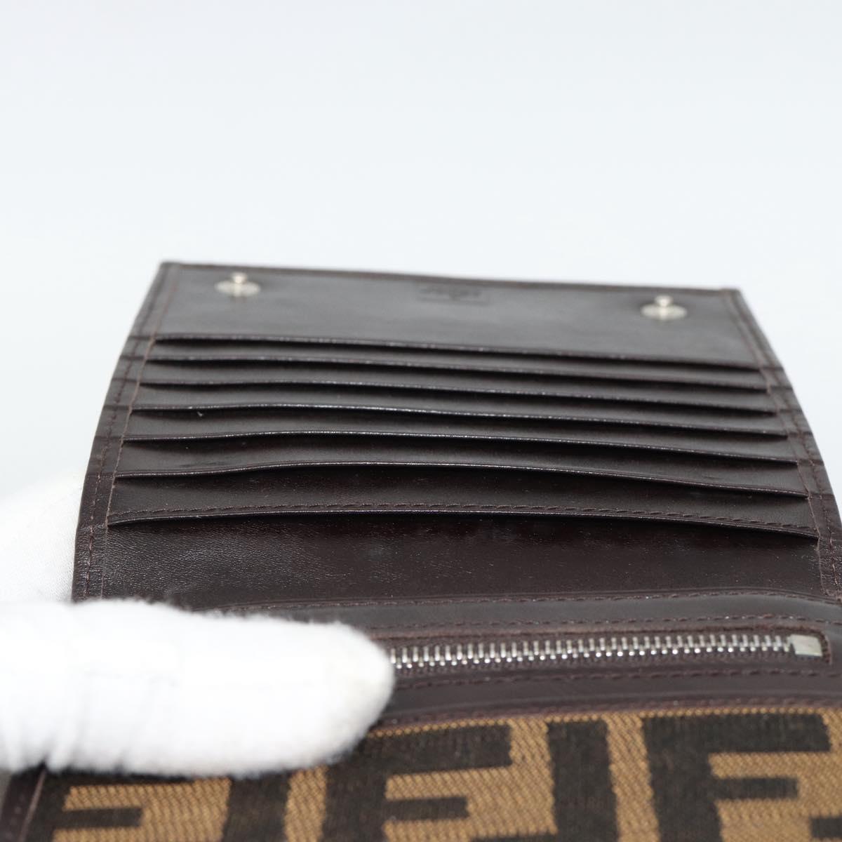 FENDI Zucca Canvas Shoulder Wallet Brown Black Auth 190683A