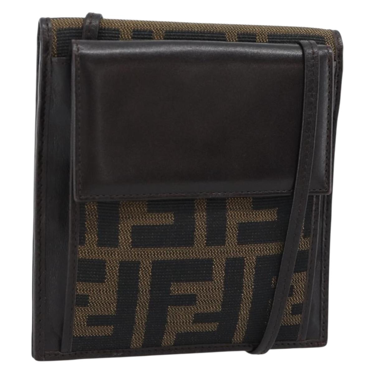 FENDI Zucca Canvas Shoulder Wallet Brown Black Auth 190683A