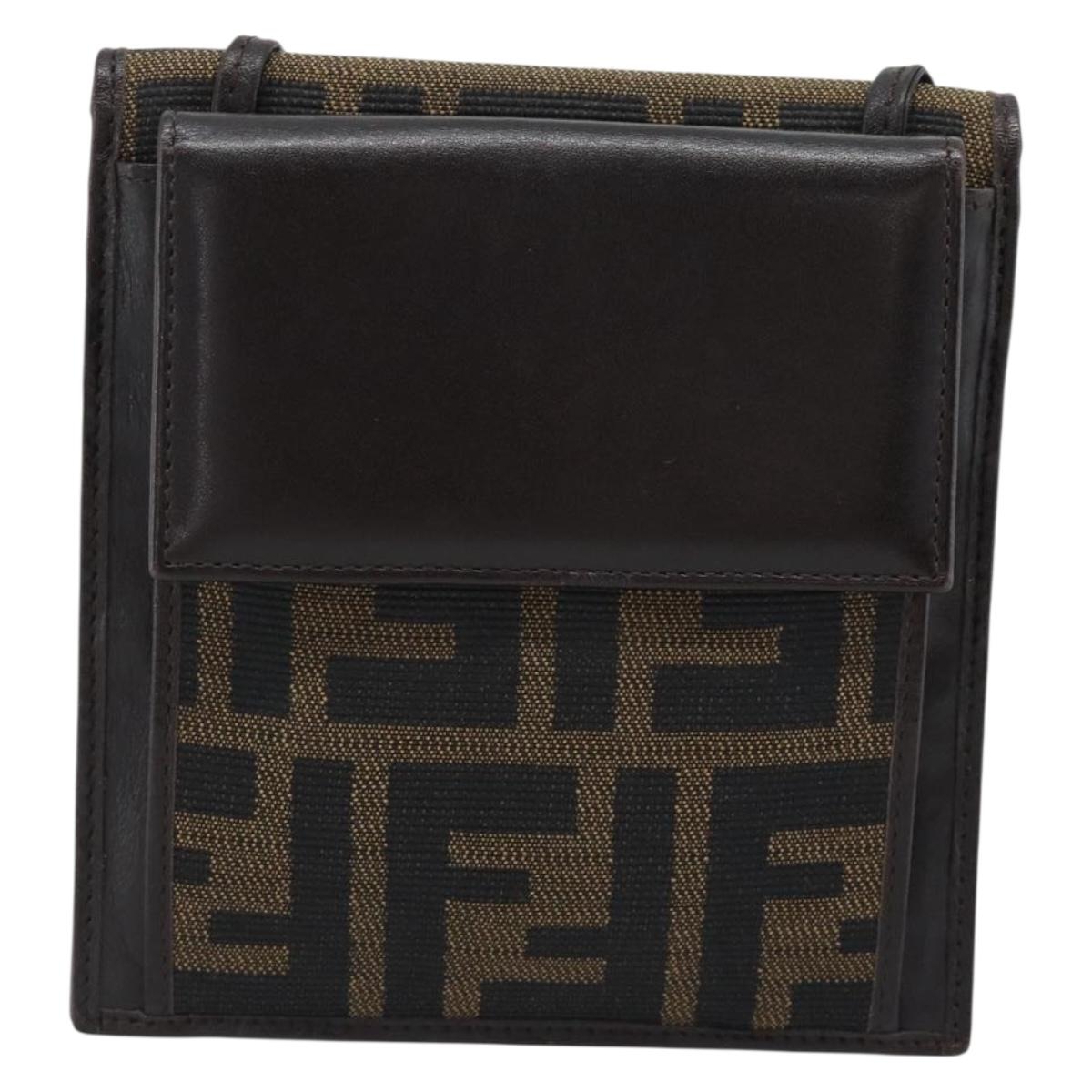 FENDI Zucca Canvas Shoulder Wallet Brown Black Auth 190683A
