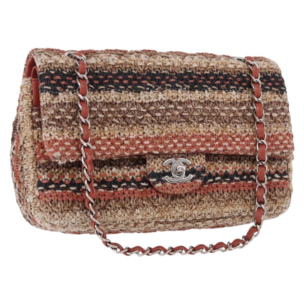 CHANEL Matelasse 25 Chain Shoulder Bag Raffia Multicolor Silver CC Auth 190691SM