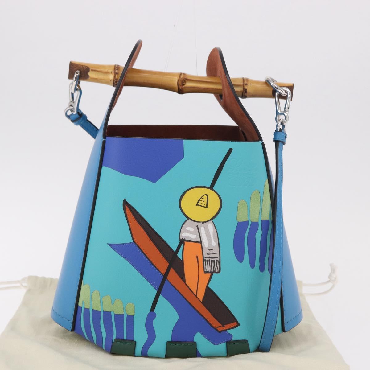 LOEWE KEN PRICE Bamboo Bucket Bag Leather 2way Blue Silver Auth 190693SAM