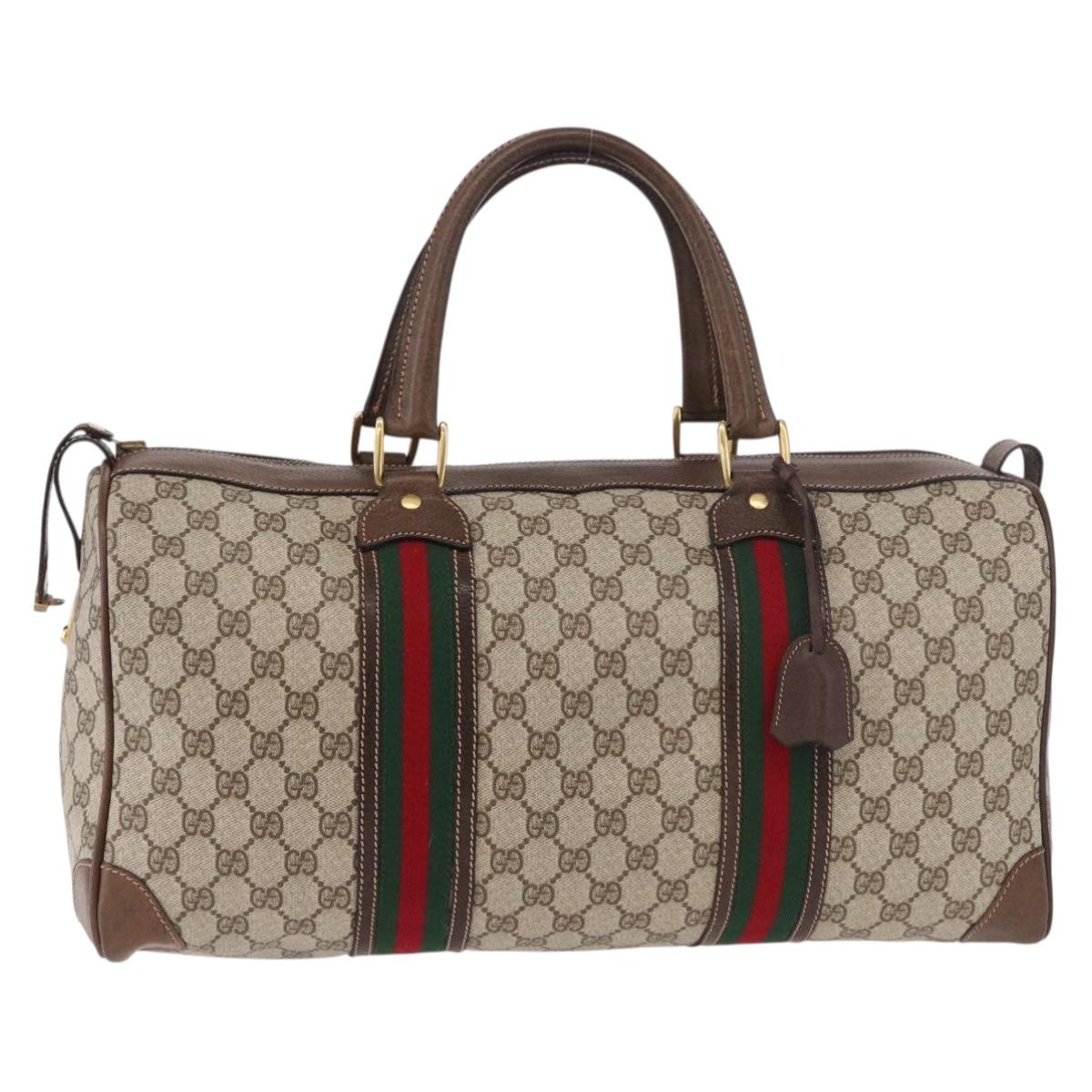 GUCCI GG Supreme Web Sherry Line Boston Bag PVC Beige Gold Auth 190713A