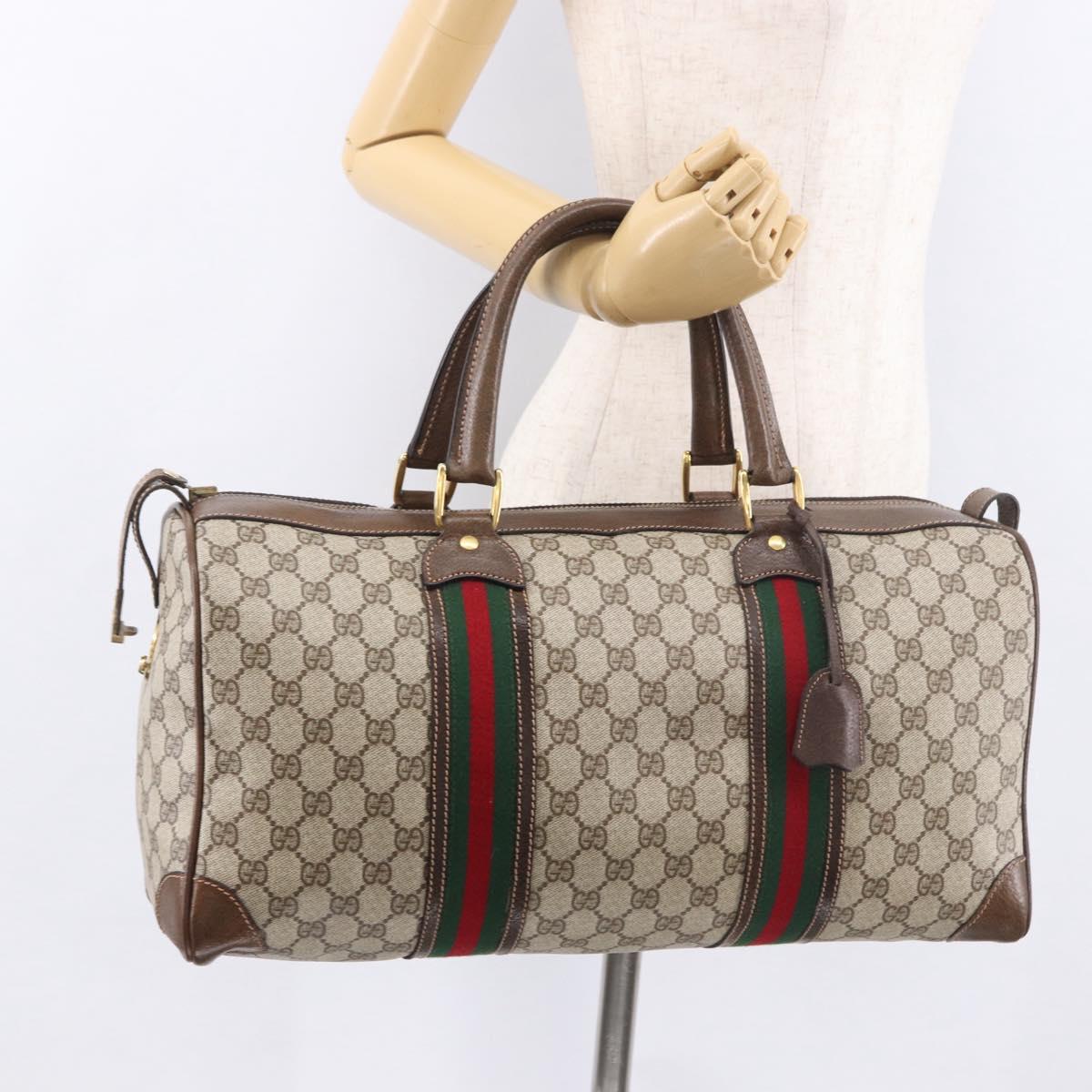 GUCCI GG Supreme Web Sherry Line Boston Bag PVC Beige Gold Auth 190713A