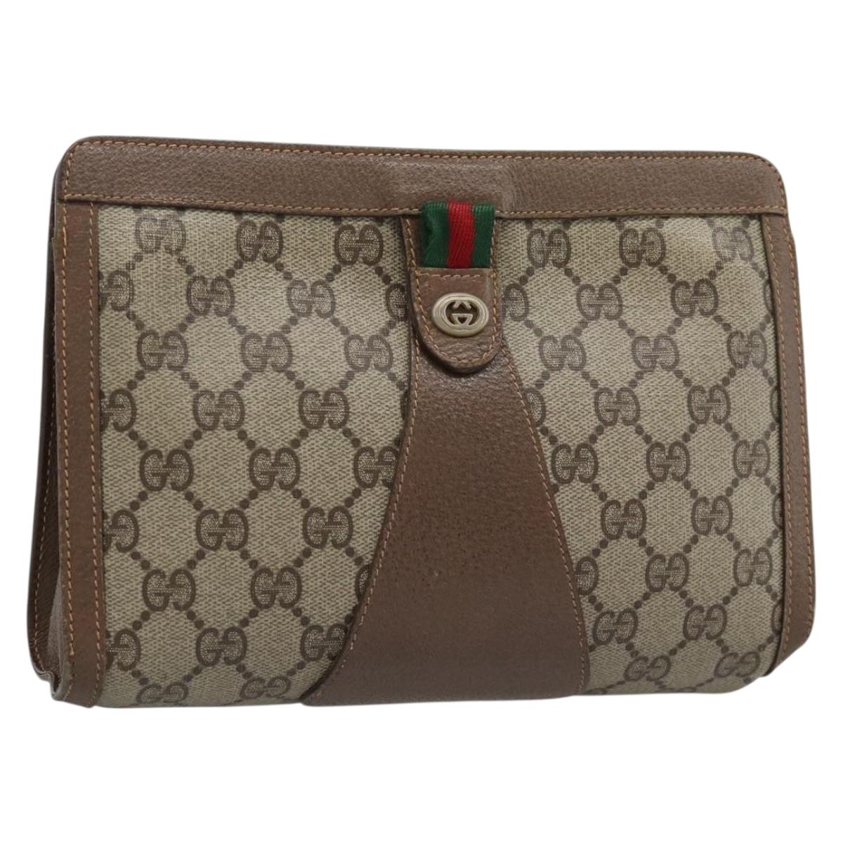 GUCCI GG Supreme Web Sherry Line Bag PVC Beige Gold 156 01 032 Auth 190714