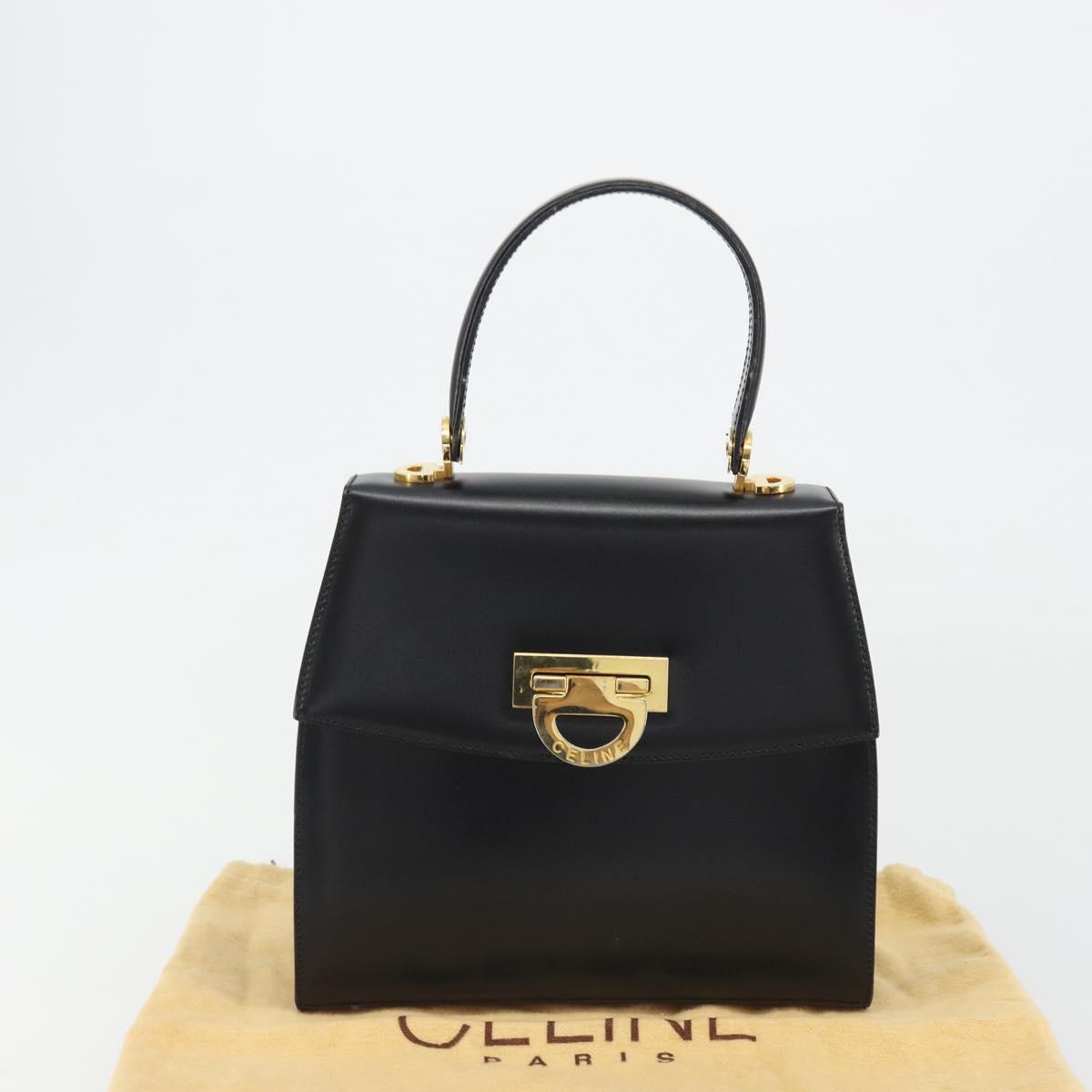 CELINE Circle Hand Bag Leather Black Gold Auth 190716V