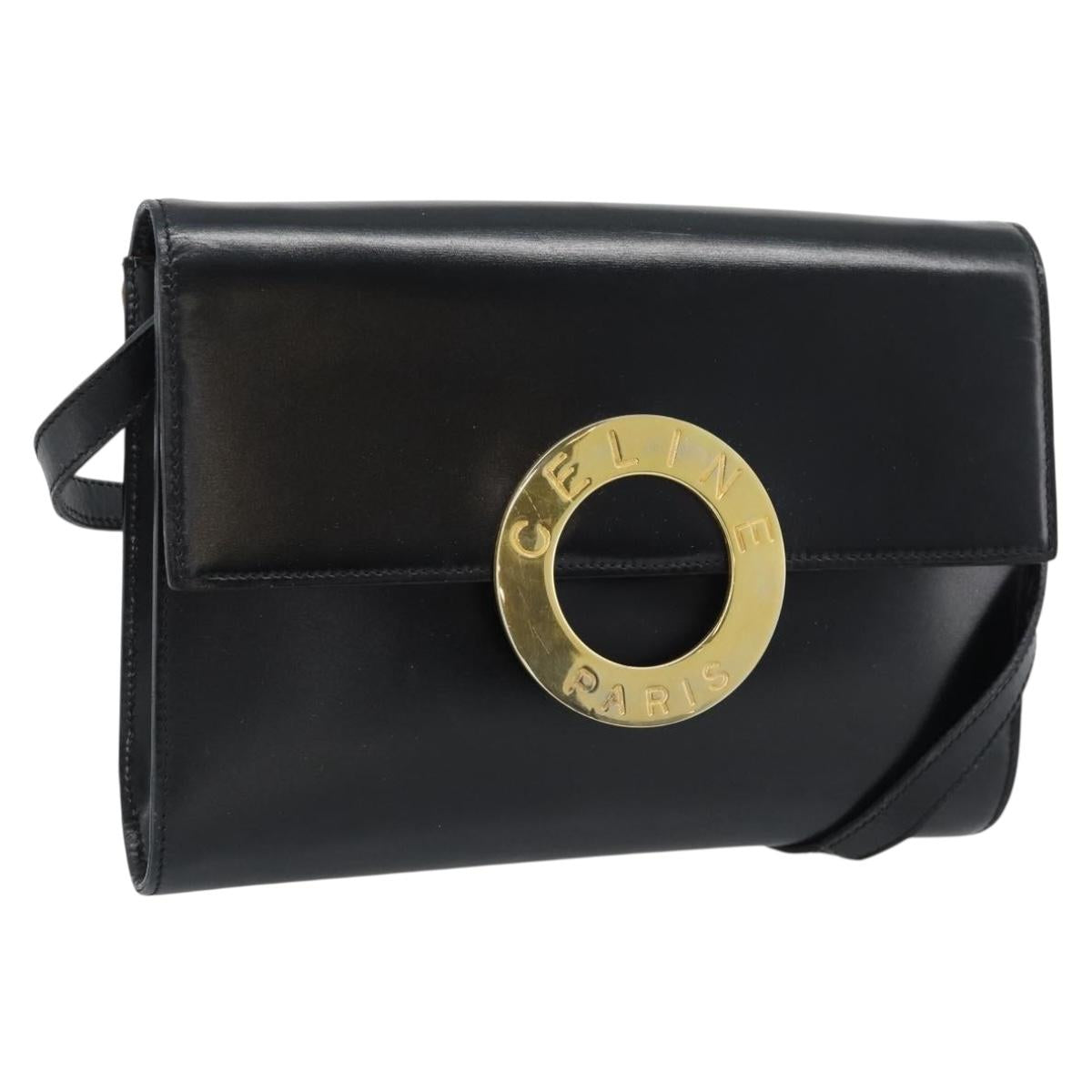CELINE Circle Shoulder Bag Leather Black Gold Auth 190717A