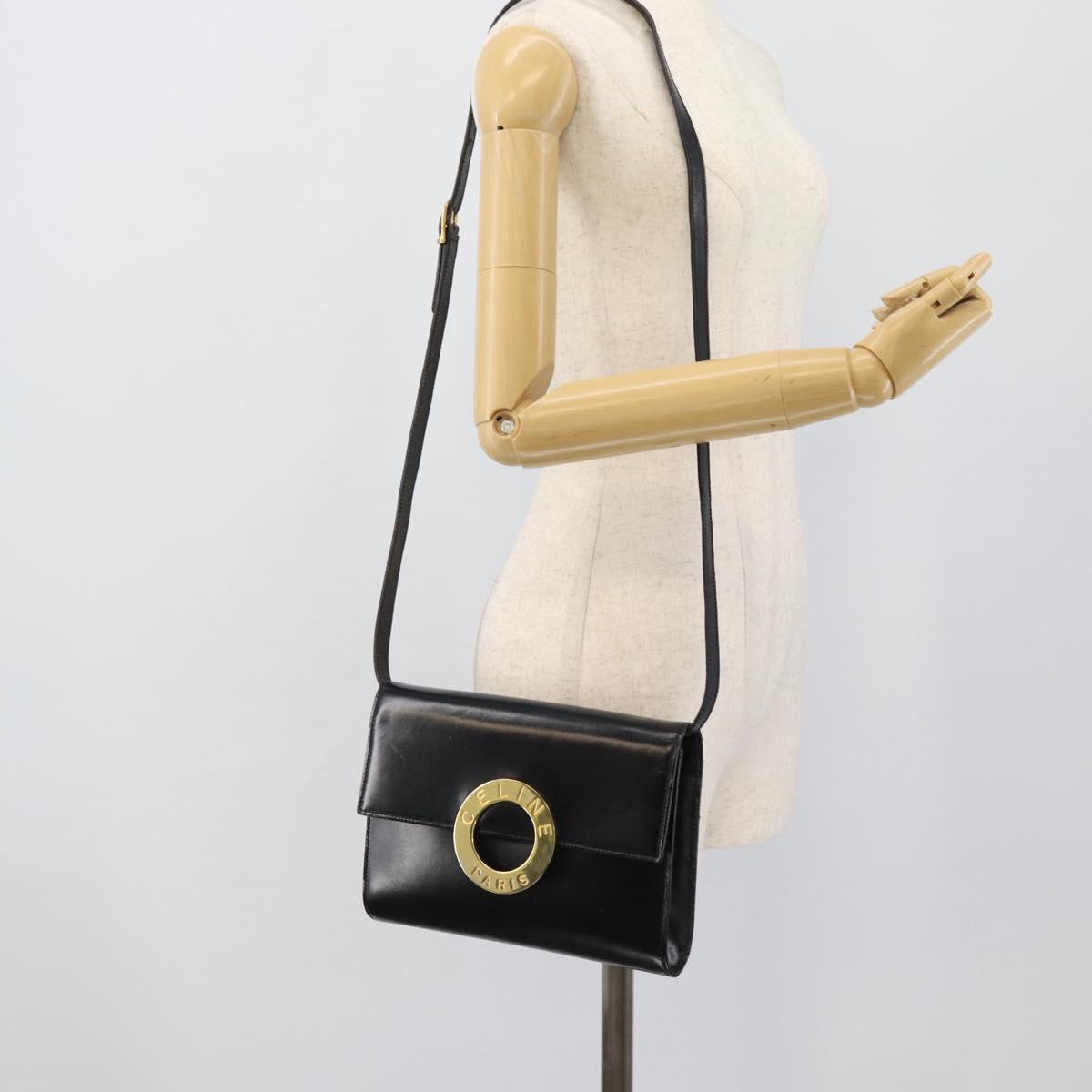 CELINE Circle Shoulder Bag Leather Black Gold Auth 190717A