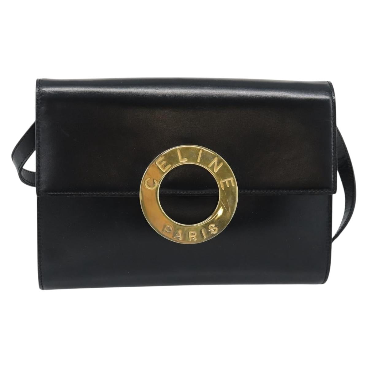 CELINE Circle Shoulder Bag Leather Black Gold Auth 190717A