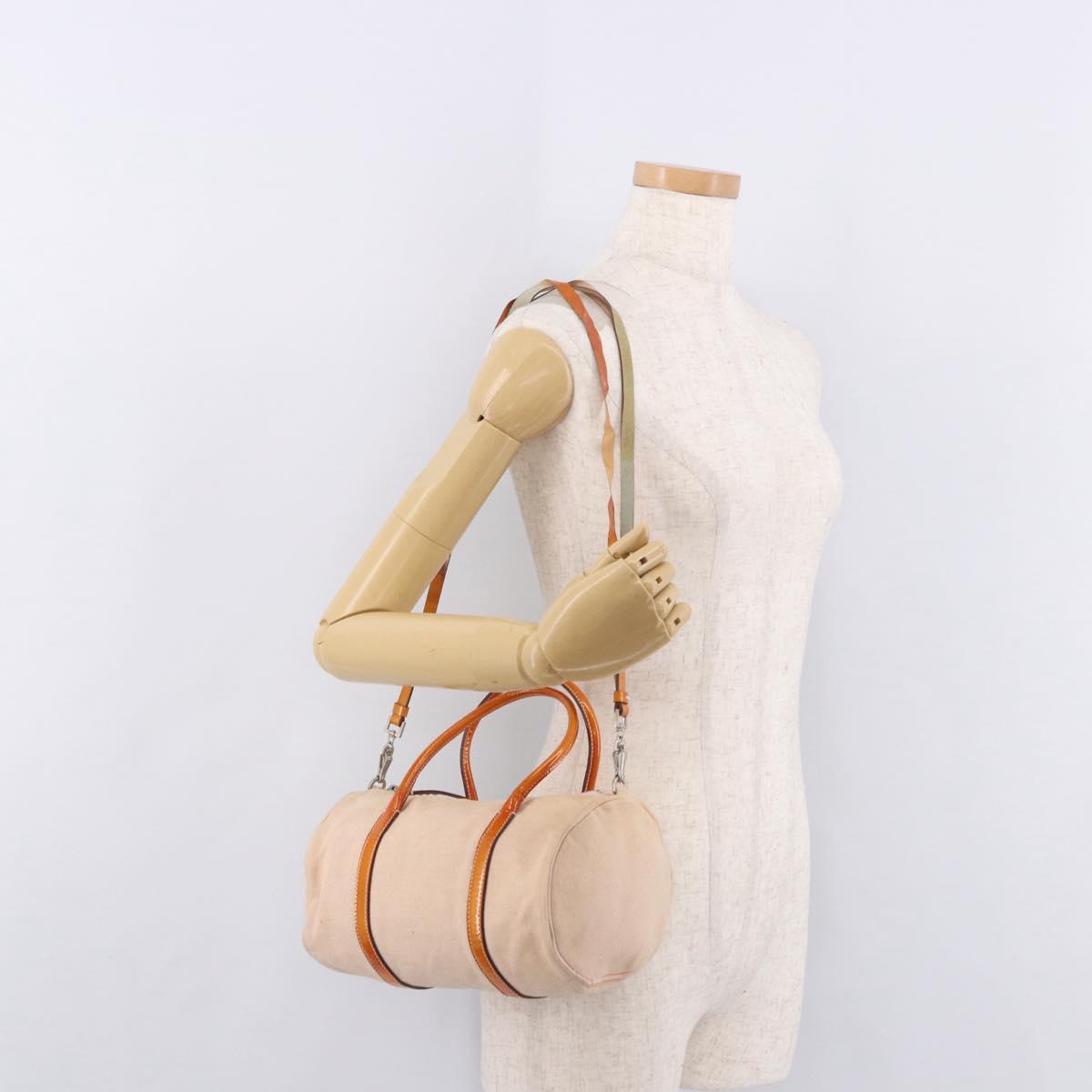 PRADA Hand Bag Canvas 2way Beige Silver Auth 190718