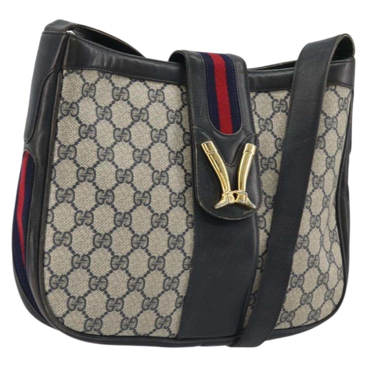 GUCCI GG Supreme Shoulder Bag PVC Leather Navy Gold Auth 190743
