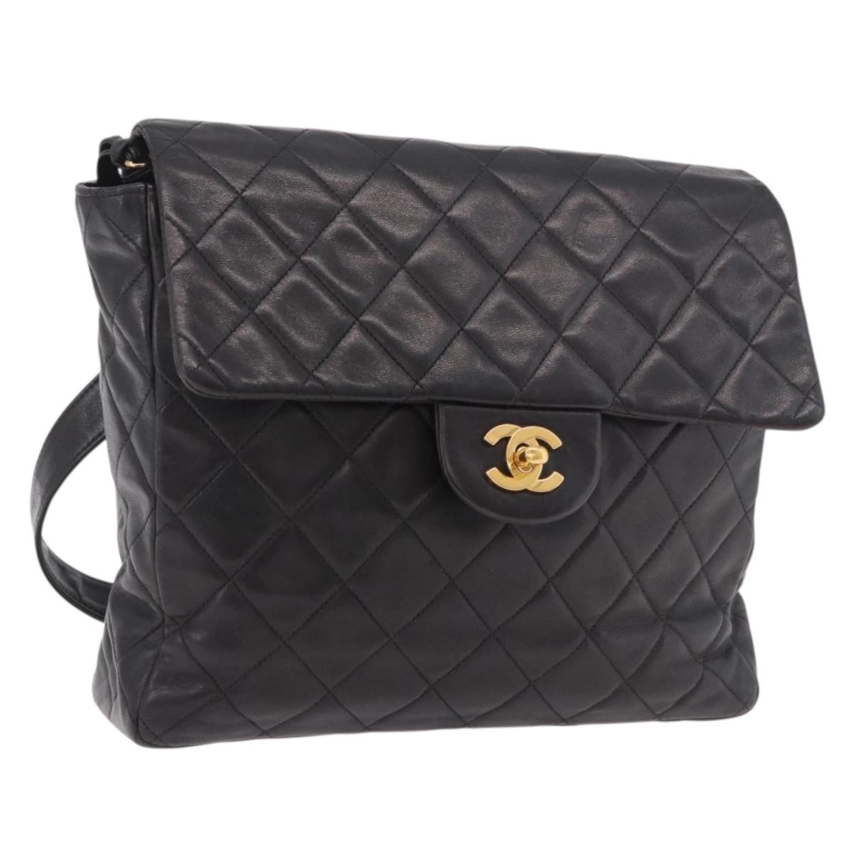 CHANEL Matelasse Chain Backpack Lamb Skin Black Gold CC Auth 190768SAV