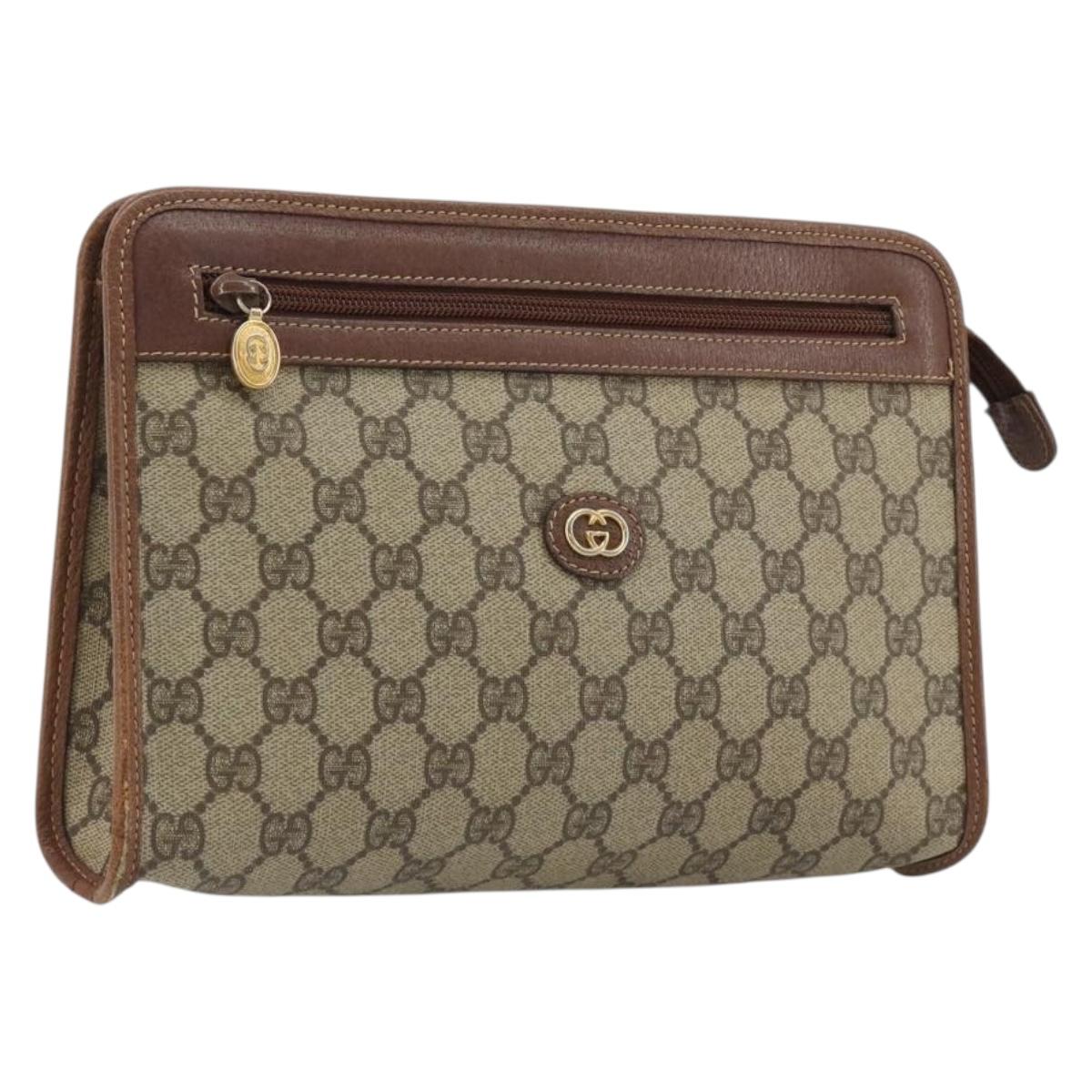 GUCCI GG Supreme Clutch Bag PVC Leather Beige Gold Auth 190770