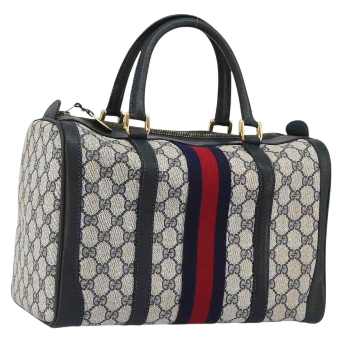 GUCCI GG Supreme Sherry Line Boston Bag PVC Navy Gold Auth 190785A