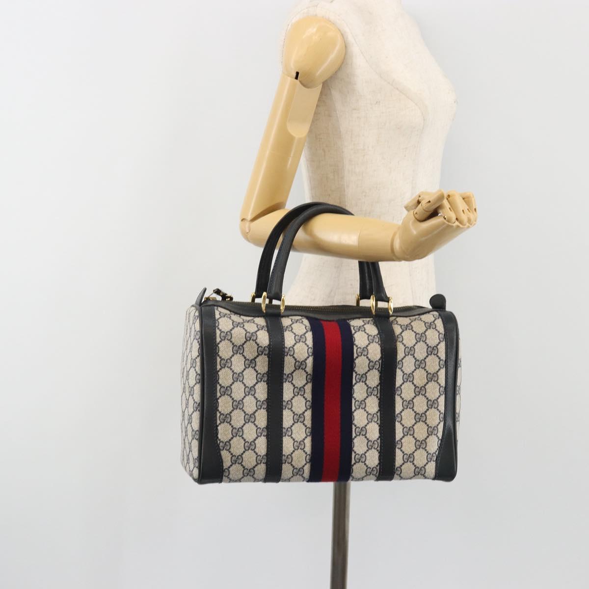 GUCCI GG Supreme Sherry Line Boston Bag PVC Navy Gold Auth 190785A