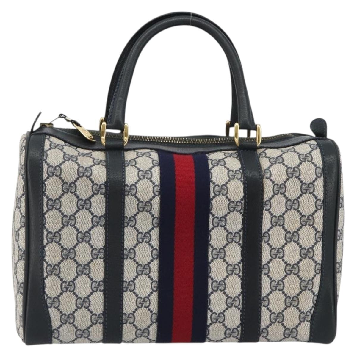 GUCCI GG Supreme Sherry Line Boston Bag PVC Navy Gold Auth 190785A