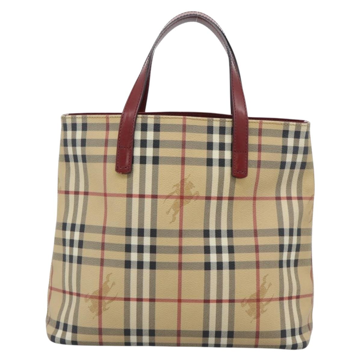 BURBERRY Nova Check Hand Bag PVC Beige Silver Auth 190798A