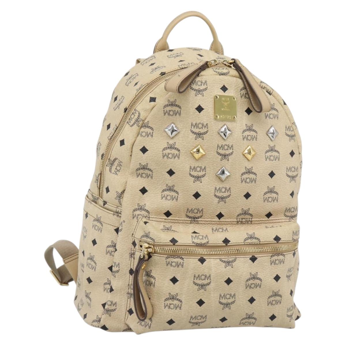 MCM Vicetos Logogram Backpack PVC Leather Beige Gold Auth 190802