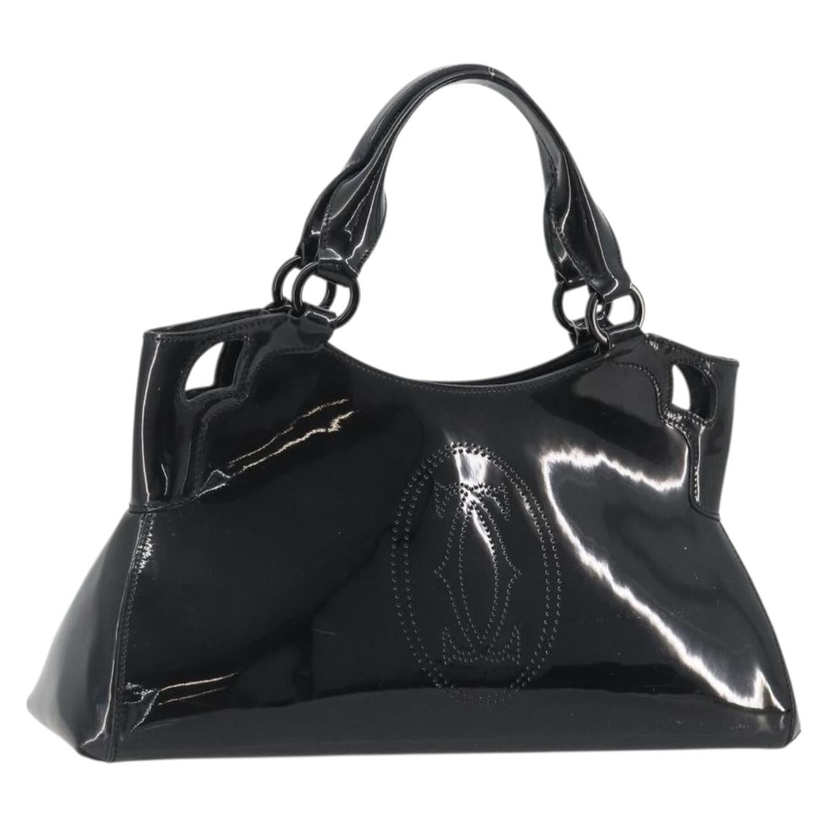 CARTIER Marcello Hand Bag Patent Leather Black Silver Auth 190805