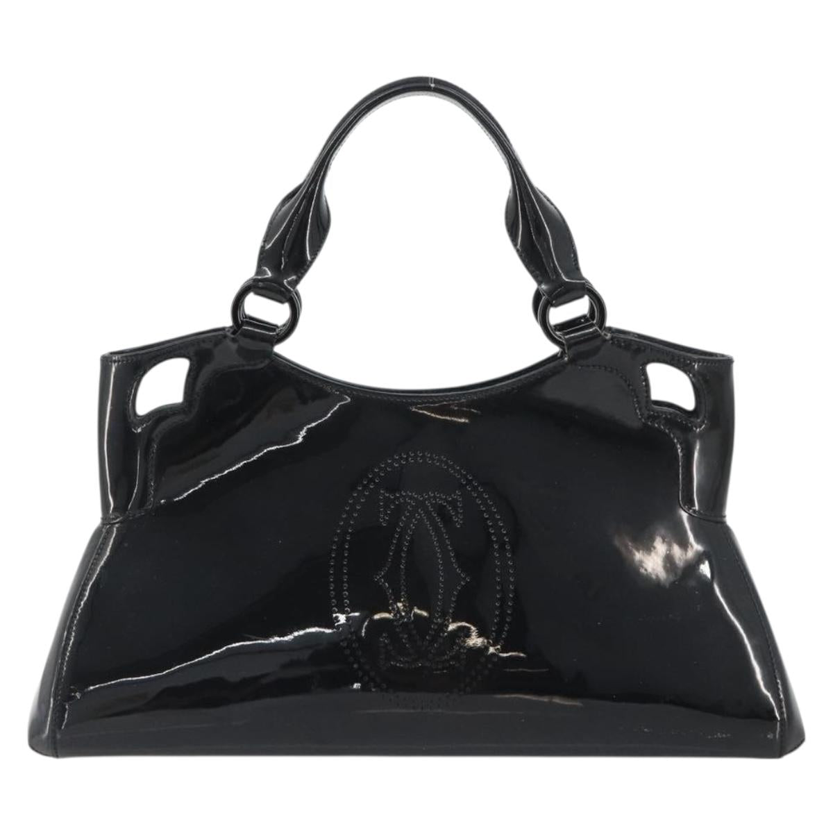 CARTIER Marcello Hand Bag Patent Leather Black Silver Auth 190805