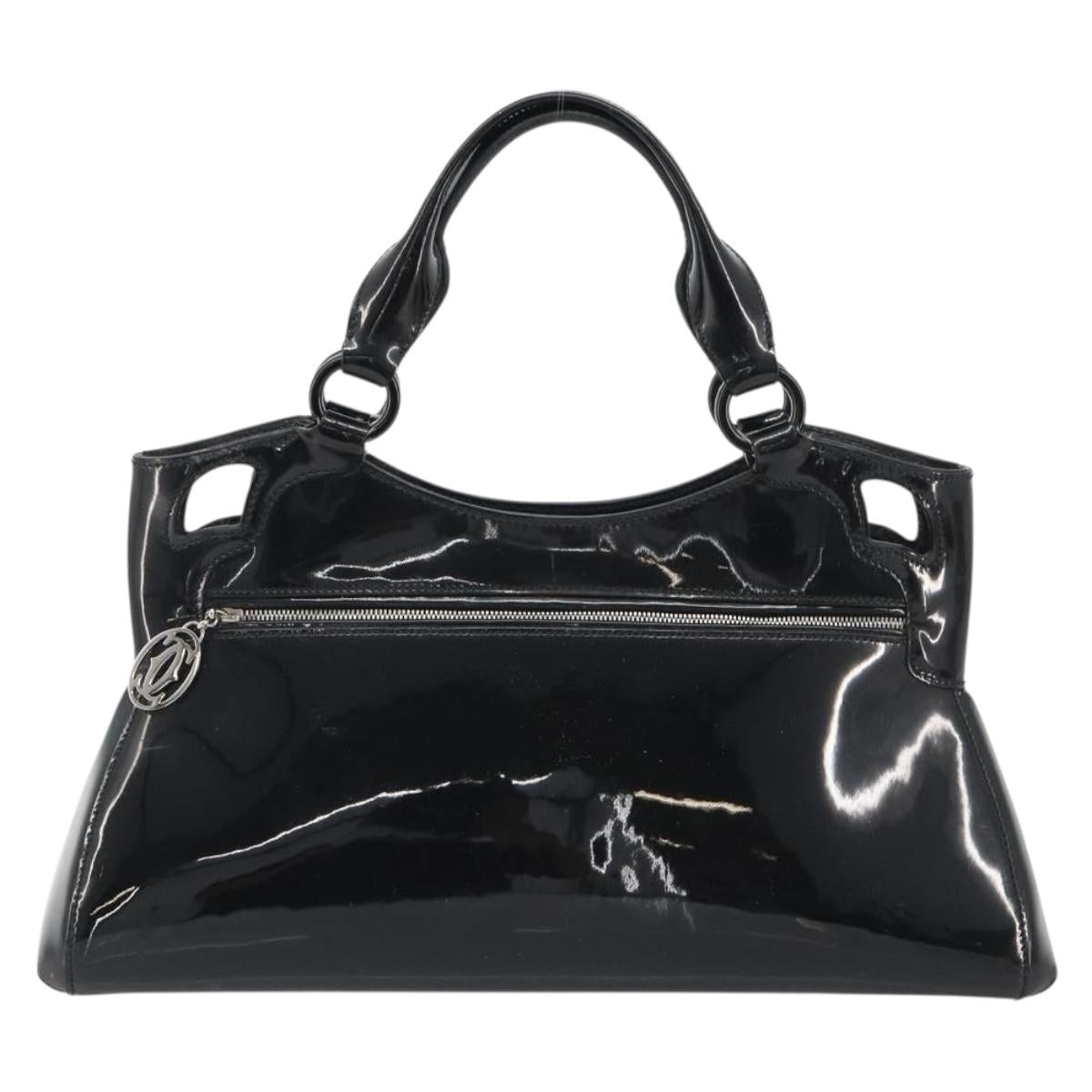 CARTIER Marcello Hand Bag Patent Leather Black Silver Auth 190805