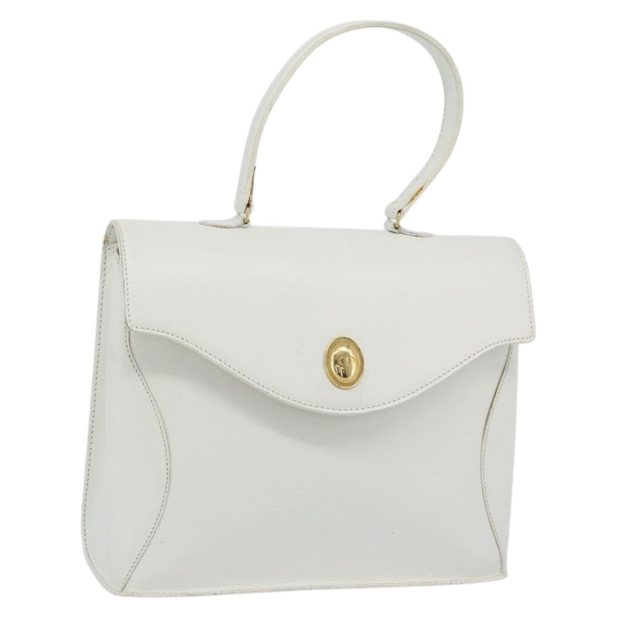 Christian Dior Hand Bag Leather White Gold Auth 190806