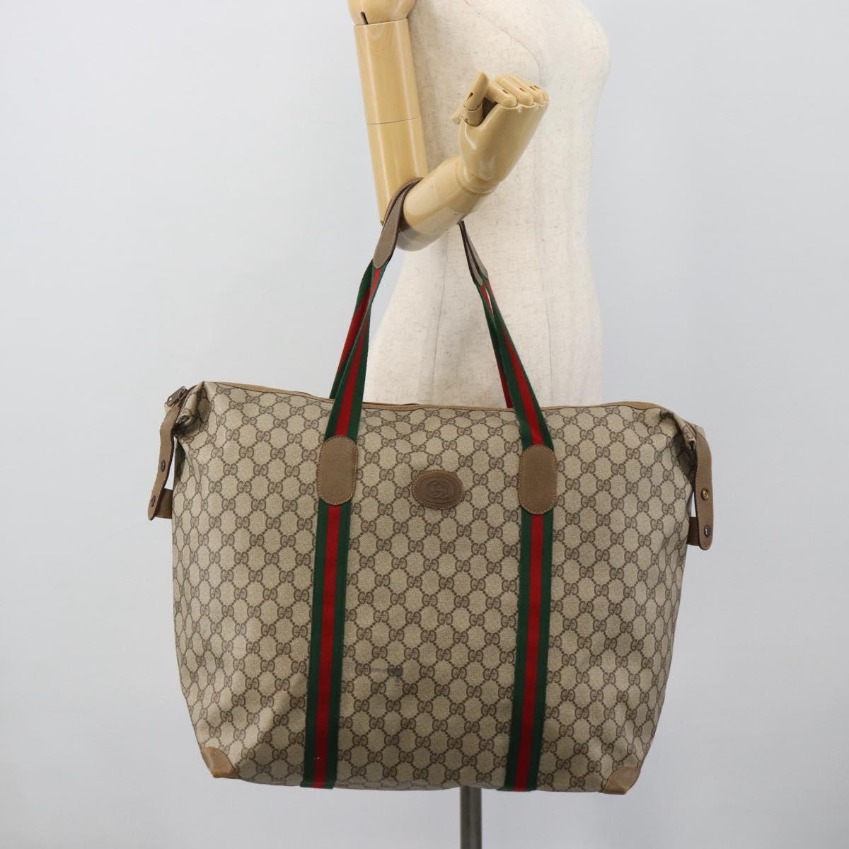 GUCCI GG Supreme Web Sherry Line Boston Bag PVC Beige Gold 89 19 012 Auth 190809
