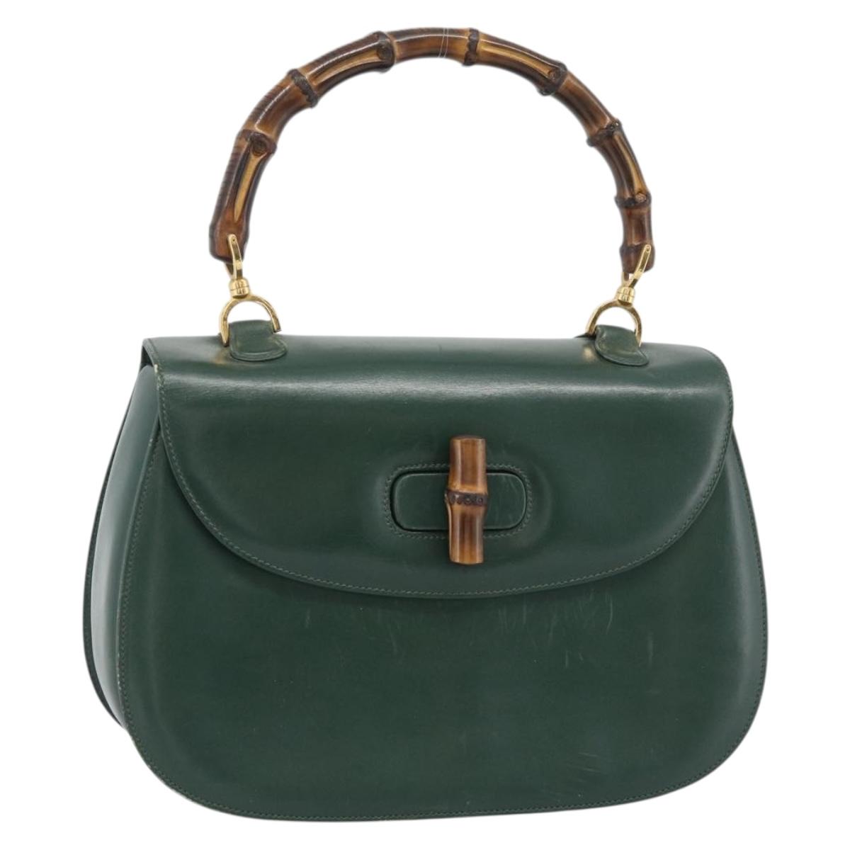 GUCCI Bamboo Hand Bag Leather Green Gold Auth 190823