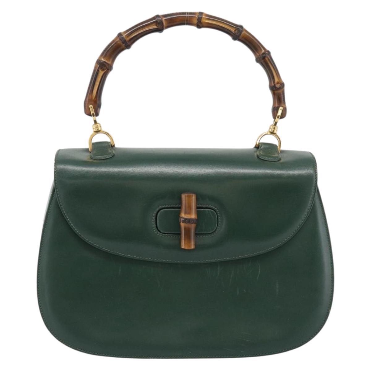 GUCCI Bamboo Hand Bag Leather Green Gold Auth 190823