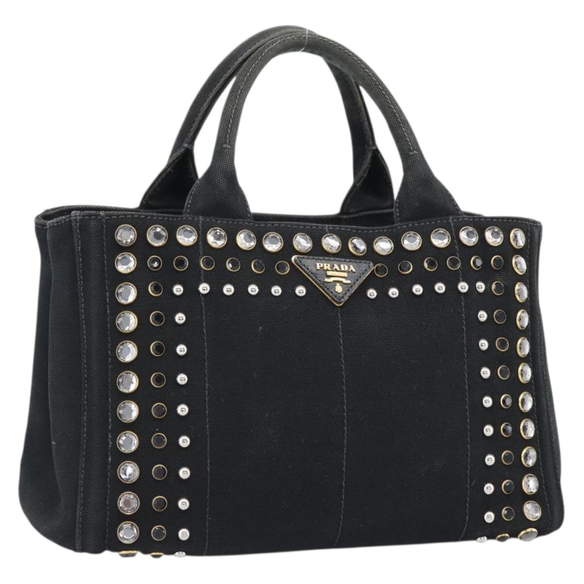 PRADA Bijoux Canapa PM Hand Bag Canvas Black Gold Auth 190827
