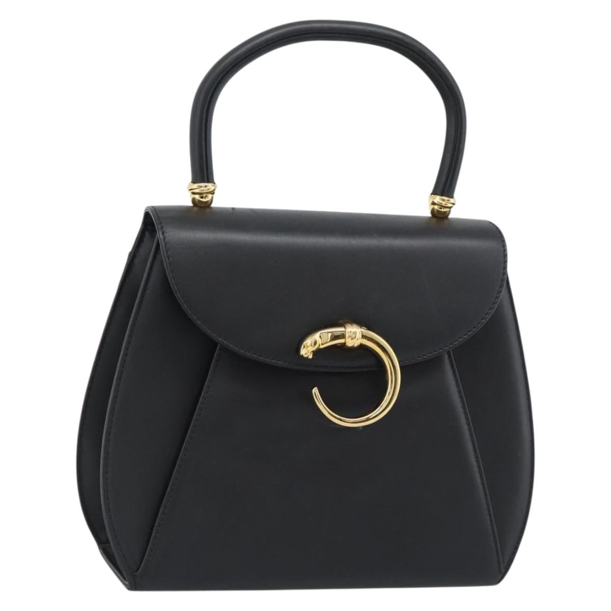 CARTIER PANTHERE Hand Bag Leather Black Gold Auth 190829